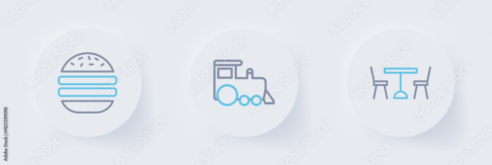 Set line Picnic table with chairs, Toy train and Burger icon. Vector Set line Picnic table with chairs, Toy train and Burger icon. Vector