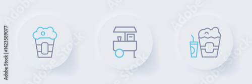 Set line Popcorn in box and glass, Fast street food cart and icon. Vector