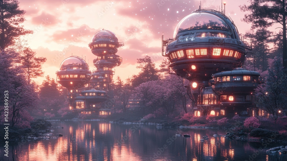 Obraz premium Futuristic cityscape with bubble-like structures amidst blooming cherry blossoms alongside a tranquil waterway at twilight