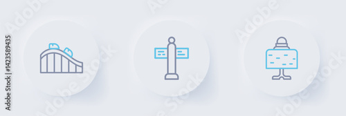 Set line Magic ball on table, Road traffic signpost and Roller coaster icon. Vector