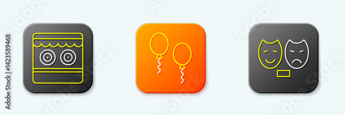 Set line Shooting gallery, Balloons and Comedy and tragedy masks icon. Vector
