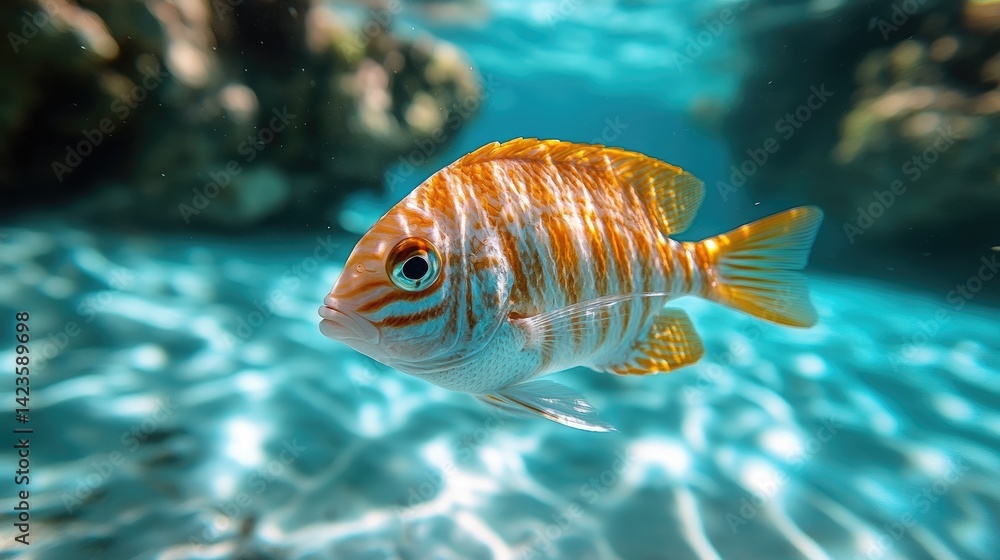 Colorful striped fish swimming gracefully underwater in a vibrant coral reef environment, showcasing its vivid orange and white hues Colorful striped fish swimming gracefully underwater in a vibrant coral reef environment, showcasing its vivid orange and white hues
