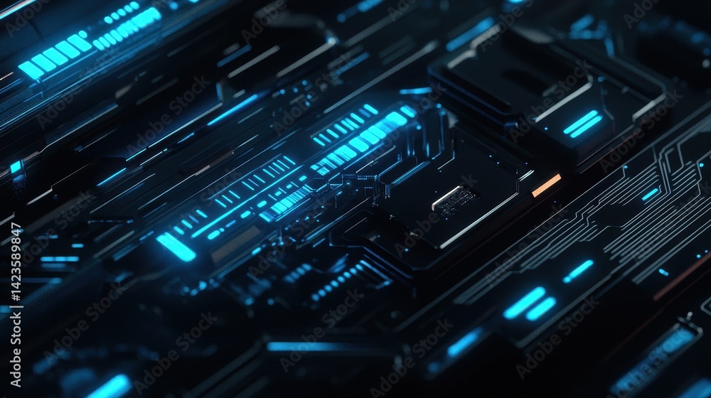 Fototapeta premium Intricate circuit lights on sleek cyberpunk metal wallpaper