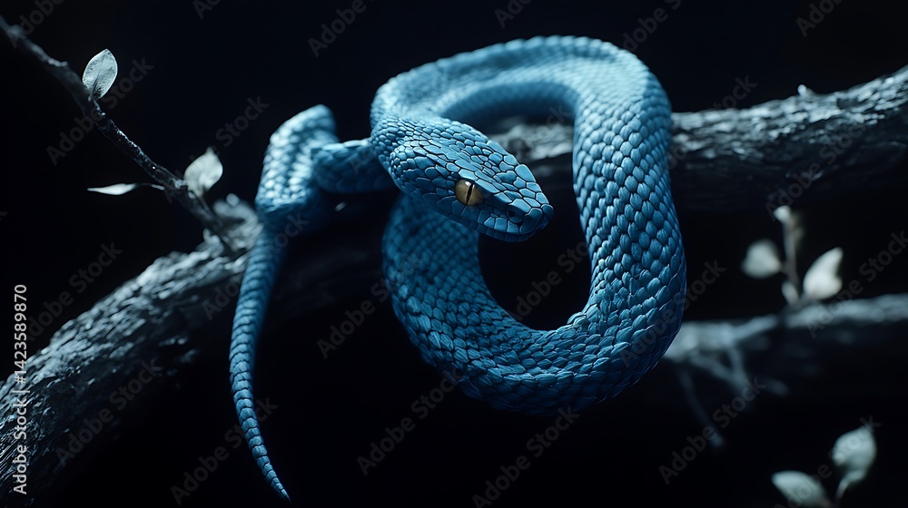 Blue Snake Coiled on Branch with Golden Eyes in Dark Setting Blue Snake Coiled on Branch with Golden Eyes in Dark Setting