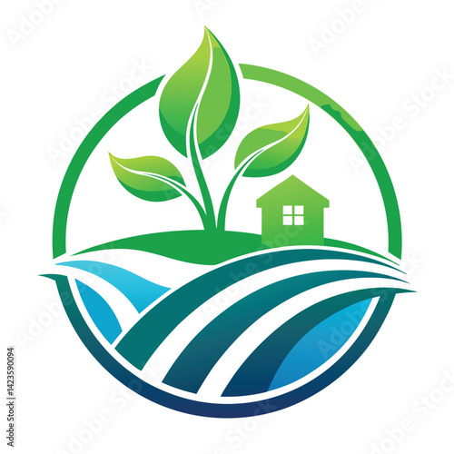 Elegant vector logo design showcasing aquaponic farming application with green leaves, house, and flowing water in a circular emblem
