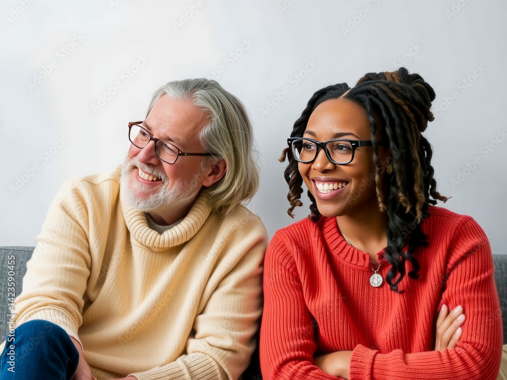 A man and a woman are sitting on a couch, smiling at the camera. The man is wearing glasses and the woman is wearing a red sweater. Scene is happy and friendly