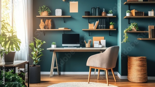 A large window allows natural light to flood the space, while a comfortable chair and soft lighting create a focused yet inviting atmosphere.