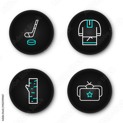 Set line Ushanka, Birch tree, Kosovorotka and Ice hockey stick and puck icon. Vector
