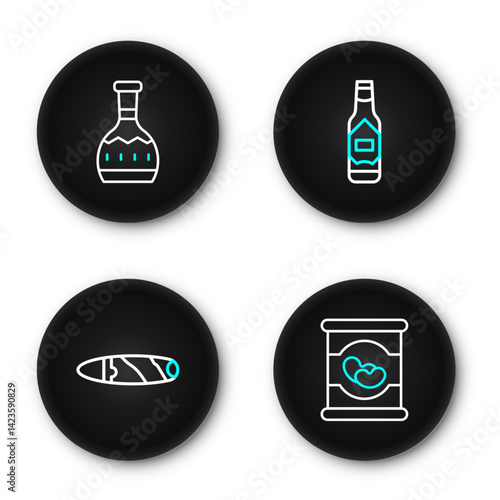 Set line Beans in can, Cigar, Tabasco sauce and Tequila bottle icon. Vector