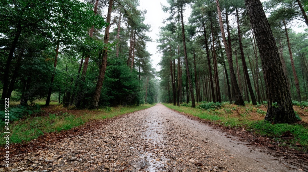 Fototapeta premium Serene Forest Pathway Surrounded by Tall Green Trees Under a Misty Sky in a Forested Landscape