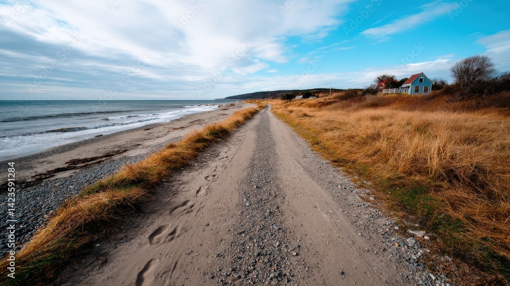 Serene Coastal Pathway with Golden Grass Leading to Tranquil Seaside under Blue Sky and Clouds Serene Coastal Pathway with Golden Grass Leading to Tranquil Seaside under Blue Sky and Clouds