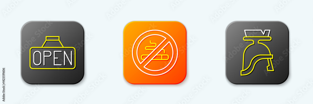 Set line Hanging sign with Open, No Smoking and Roman army helmet icon. Vector