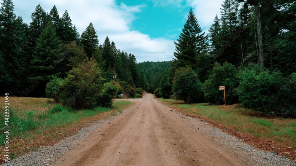 Fototapeta premium Serene Dirt Road Surrounded by Lush Green Forest Under a Bright Blue Sky in a Peaceful Nature Setting