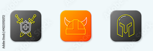 Set line Medieval shield with swords, Viking in horned helmet and iron icon. Vector