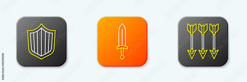 Set line Shield, Medieval sword and Crossed arrows icon. Vector Set line Shield, Medieval sword and Crossed arrows icon. Vector