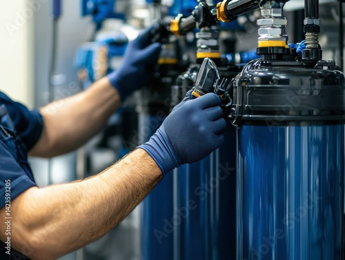 The service center technician is repairing the water filter