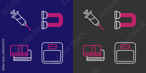 Set line Bathroom scales, Towel stack, Chest expander and Doping syringe icon. Vector