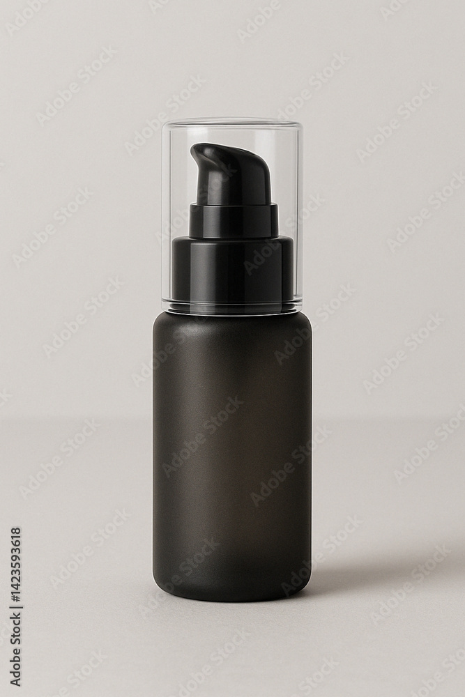 Frosted black airless pump bottle mockup with clear cap on neutral background Frosted black airless pump bottle mockup with clear cap on neutral background