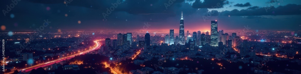 Obraz premium Night cityscape, complex financial graph overlay, skyscrapers, night, corporate