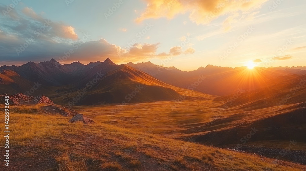 Naklejka premium Sunset Mountain Valley Landscape, Travel Poster