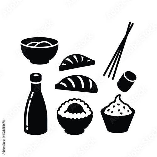 japanese food icons.Icons of Japanese food presented in a simple flat style.Engraved style, asian food set for web, menu, posters, decoration.Collection of Japanese food icons featuring various dishes