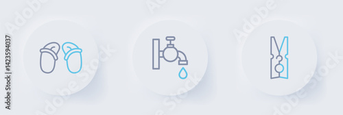 Set line Clothes pin, Water tap and Flip flops icon. Vector