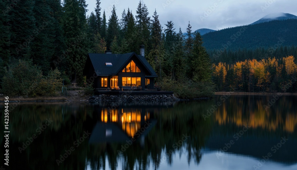 Fototapeta premium Cozy cabin on a serene lake at twilight