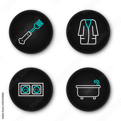 Set line Bathtub, Electrical outlet, Bathrobe and Fork icon. Vector