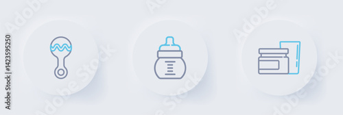 Set line Baby food, bottle and Rattle baby toy icon. Vector