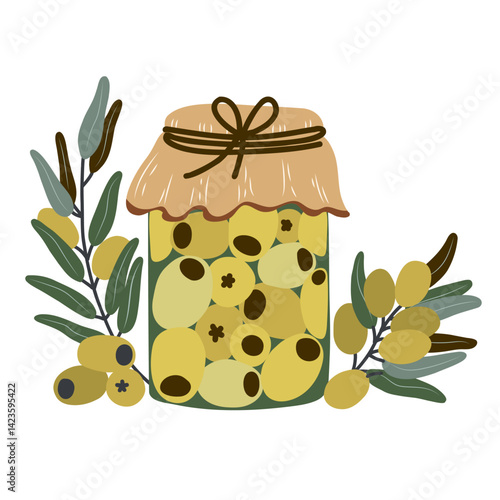 Rustic jar of green olives with branches and leaves, hand-drawn vector illustration of preserved food, Mediterranean harvest concept, perfect for packaging, kitchen decor, and culinary design