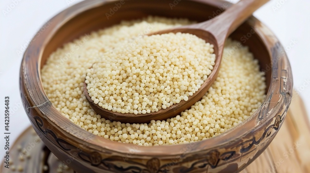 An inviting plate of couscous is attractively presented. The couscous, a staple in North African cuisine, features small, light - colored granules that are fluffy and tender An inviting plate of couscous is attractively presented. The couscous, a staple in North African cuisine, features small, light - colored granules that are fluffy and tender