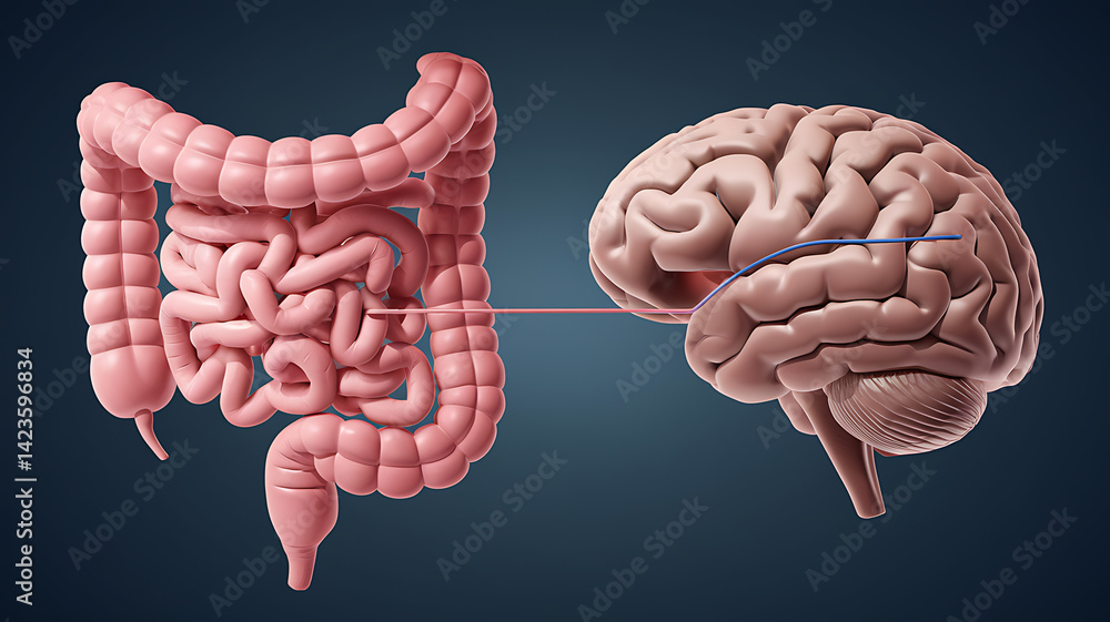 Visual depiction of the gut-brain axis: interconnected illustration of the intestines and the brain with a visual link..