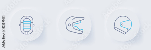 Set line Helmet, Motocross motorcycle helmet and Rafting boat icon. Vector