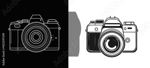 Vector camera silhouettes on black and white backgrounds for photography and creativity concept
