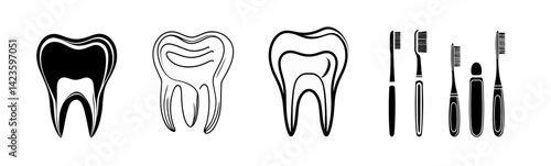 Vector silhouettes of teeth and toothbrushes on black and white backgrounds for dental health concept