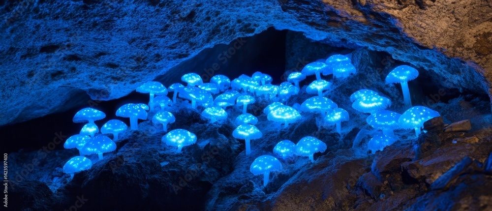 A group of glowing mushrooms in a cave