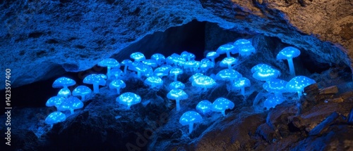 Obraz na płótnie A group of glowing mushrooms in a cave w salonie