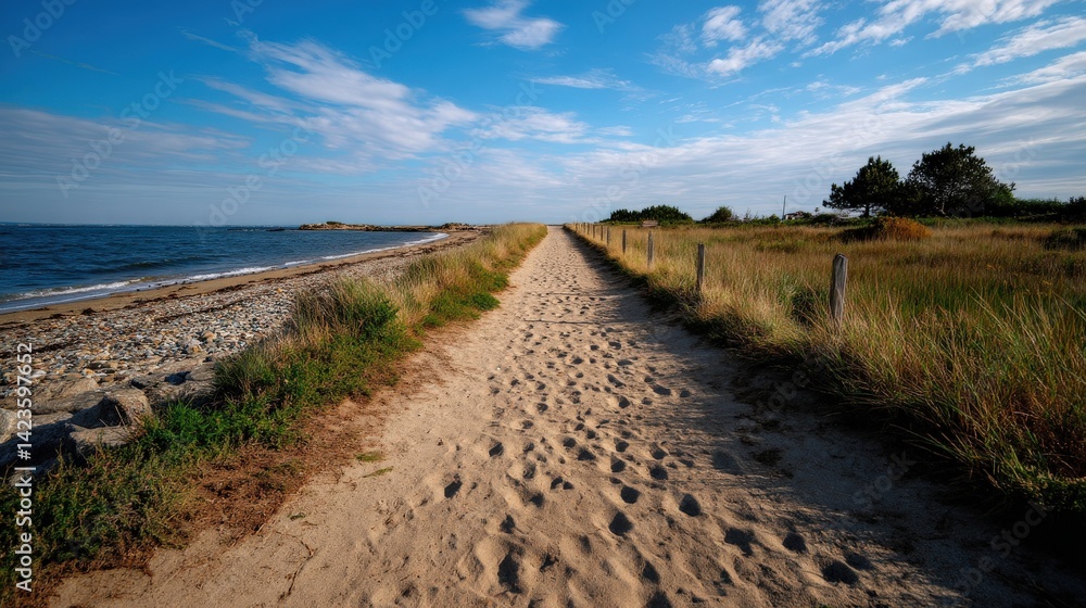 Scenic Beach Pathway with Sandy Trail and Blue Sky at Coastal Landscape Scenic Beach Pathway with Sandy Trail and Blue Sky at Coastal Landscape