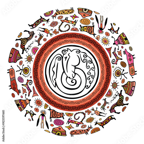 Vector round ethnic element, circular petroglyphs and geometric pattern, rock paintings, naive art, vector design