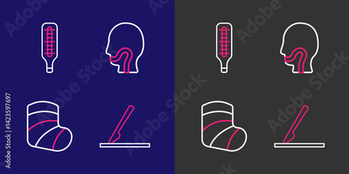 Set line Medical surgery scalpel, Gypsum, Sore throat and thermometer icon. Vector