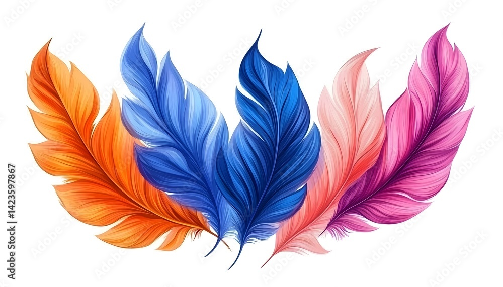 Vibrant feather illustrations in blue, pink, and orange. Vibrant feather illustrations in blue, pink, and orange.