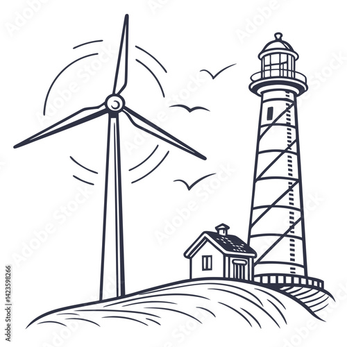 lighthouse and wind turbines