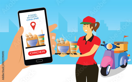 food delivery  online concept. Woman hand holding mobile phone and Order fast food online, Delivery girl with food standing at customer house. Contactless delivery. Courier services. illustration