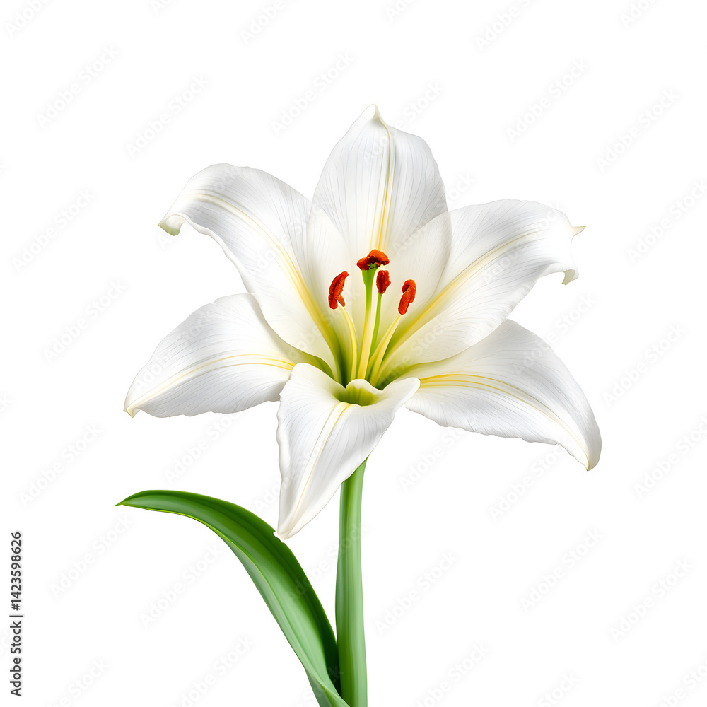 Elegant White Lily Flower Blossom with Green Stem Isolated Elegant White Lily Flower Blossom with Green Stem Isolated