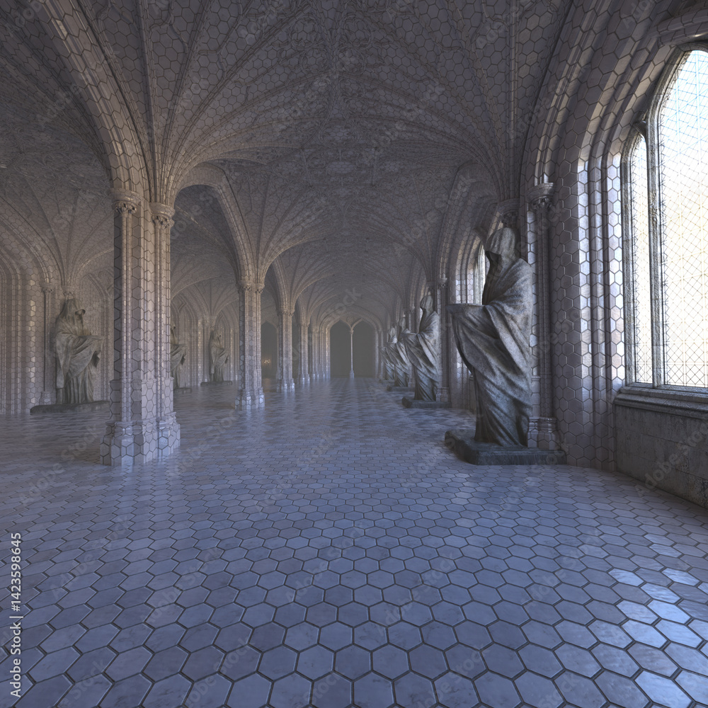 Obraz premium 3D rendered mystical interior temple with gigantic statues
