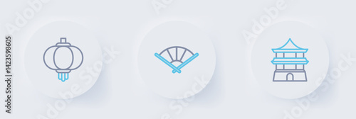 Set line Chinese house, or japanese folding fan and paper lantern icon. Vector