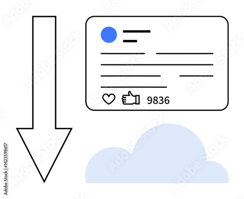 Downward arrow pointing to cloud beneath social media post with engagement metrics, profile photo, thumbs ups, and comments. Ideal for digital marketing, social media, cloud storage, analytics