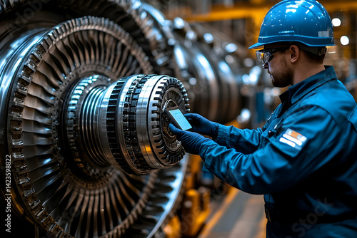 Technician inspecting industrial turbine engine component