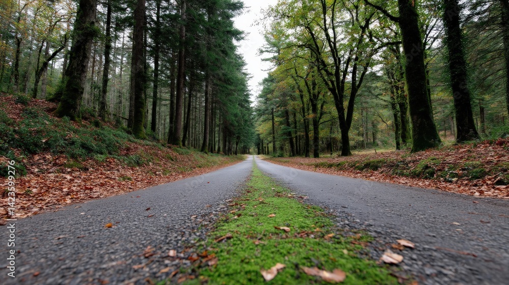 Obraz premium Serene forest road surrounded by tall trees and colorful foliage in autumn season, peaceful nature landscape
