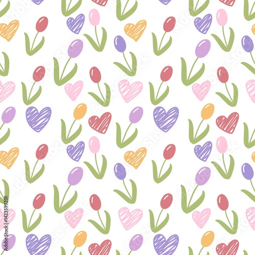 Seamless pattern with hand-drawn tulips and hearts in pastel colors. Cute floral spring design for kids, textiles, wrapping paper, or Valentine's Day decoration. Isolated on white background.